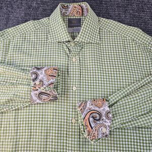 Thomas Dean Men's Button Front Shirt Long Sleeve Size Large Grean Plaid Western